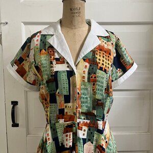 Adorable Unique Vintage Novelty Print Green Vintage Look Shirt Dress size Medium